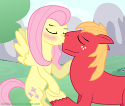 Size: 800x682 | Tagged: safe, artist:bobthelurker, big macintosh, fluttershy, earth pony, pegasus, pony, blushing, fluttermac, kissing, male, shipping, stallion, straight