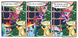 Size: 1050x520 | Tagged: safe, artist:rainbow-hooves, derpibooru import, applejack, pinkie pie, rainbow dash, twilight sparkle, earth pony, pegasus, pony, appledash, comic, female, hearth's warming eve, lesbian, mistletoe, rudolph dash, scrunchy face, shipping