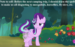 Size: 1024x640 | Tagged: safe, edit, edited screencap, screencap, starlight glimmer, insect, pony, unicorn, the mean 6, annoyed, cropped, female, flies, flower, mare, rose, solo, text, tree