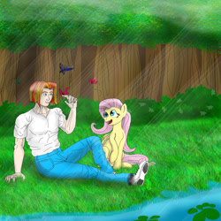 Size: 894x894 | Tagged: safe, artist:cjvselinmortal, fluttershy, oc, oc:galileo rossi, butterfly, human, blue jeans, crossover, forest, river, tree, water, white shirt