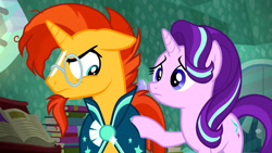 Size: 1280x720 | Tagged: safe, screencap, starlight glimmer, sunburst, pony, unicorn, the crystalling, angry, book, door