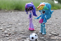 Size: 6000x4000 | Tagged: safe, artist:artofmagicpoland, derpibooru import, rainbow dash, sci-twi, twilight sparkle, better together, equestria girls, ball, clothes, doll, equestria girls minis, football, sports, swimsuit, toy, wondercolts uniform