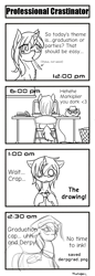 Size: 663x1920 | Tagged: safe, artist:thattagen, derpy hooves, oc, pegasus, pony, 4koma, comic, computer, female, mare, monochrome, mouth hold, newbie artist training grounds, pen, sketch