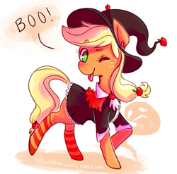 Size: 969x957 | Tagged: safe, artist:tokiball12345, applejack, earth pony, pony, clothes, costume, hat, socks, solo, striped socks, tongue out, wink, witch