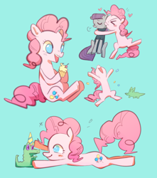 Size: 750x850 | Tagged: safe, artist:magneticskye, gummy, maud pie, pinkie pie, earth pony, pony, hat, kiss on the cheek, kissing, party hat, pet, platonic kiss, prone, siblings, sketch dump