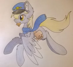 Size: 1465x1358 | Tagged: safe, artist:cutepencilcase, derpy hooves, pegasus, pony, clothes, ear fluff, female, flying, mailbag, mailmare, mare, mouth hold, muffin, scarf, simple background, solo, traditional art