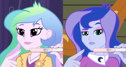 Size: 1024x550 | Tagged: safe, princess celestia, princess luna, principal celestia, vice principal luna, equestria girls, pregnancy announcement, pregnancy test, pregnancy test meme