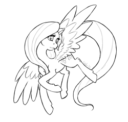 Size: 1480x1414 | Tagged: safe, artist:kudalyn, fluttershy, pegasus, pony, black and white, flying, grayscale, lineart, monochrome, solo