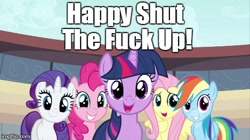 Size: 490x275 | Tagged: safe, derpibooru import, fluttershy, pinkie pie, rainbow dash, rarity, twilight sparkle, earth pony, pegasus, pony, unicorn, angry video game nerd, bullshit man, image macro, meme, vulgar, you know what's bullshit