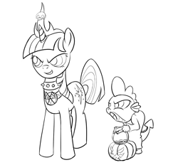 Size: 1116x1035 | Tagged: safe, artist:rubrony, derpibooru import, spike, twilight sparkle, dragon, halloween, monochrome