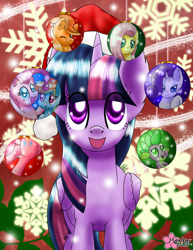 Size: 1000x1294 | Tagged: safe, artist:clouddg, derpibooru import, applejack, fluttershy, pinkie pie, rainbow dash, rarity, spike, twilight sparkle, twilight sparkle (alicorn), alicorn, dragon, earth pony, pegasus, pony, unicorn, bauble, christmas, christmas decoration, christmas ornament, decoration, female, hat, holiday, mane seven, mane six, mare, santa hat, snowflake, solo focus