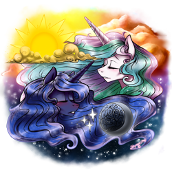 Size: 2000x2000 | Tagged: safe, artist:skyrore1999, princess celestia, princess luna, alicorn, pony, eyes closed, moon, sun