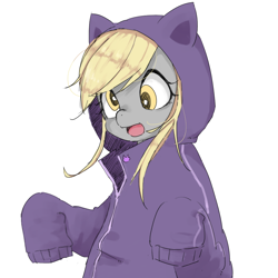 Size: 1000x1000 | Tagged: safe, artist:y0wai, derpy hooves, pegasus, pony, cat hoodie, clothes, cute, female, hoodie, mare, open mouth, parka, pixiv, simple background, solo, white background