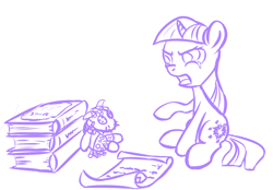 Size: 840x585 | Tagged: safe, artist:rubrony, derpibooru import, smarty pants, twilight sparkle, book, monochrome