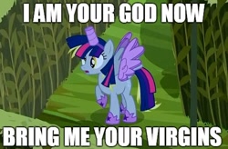 Size: 494x324 | Tagged: safe, derpy hooves, pegasus, pony, scare master, alicorn costume, bring me your virgins, clothes, costume, fake horn, fake wings, female, i am your god now bring me your virgins, image macro, mare, meme, nightmare night costume, toilet paper roll, toilet paper roll horn, twilight muffins, wig