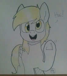 Size: 1280x1462 | Tagged: safe, artist:notenoughapples, derpy hooves, pegasus, pony, female, mare, open mouth, smiling, solo, traditional art, waving