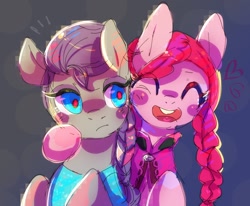 Size: 1280x1054 | Tagged: safe, artist:cherivinca, maud pie, pinkie pie, earth pony, pony, alternate hairstyle, anna, clothes, cosplay, costume, crossover, disney, duo, elsa, eyes closed, frozen (movie), happy, open mouth, parody