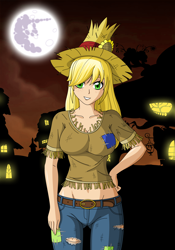 Size: 3588x5119 | Tagged: safe, artist:zantyarz, applejack, human, applerack, breasts, clothes, costume, female, humanized, nightmare night, scarecrow, solo