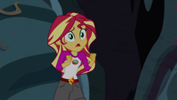 Size: 1280x720 | Tagged: safe, screencap, sunset shimmer, equestria girls, legend of everfree, camp everfree outfits, cave, clothes, female, open mouth, shorts, solo