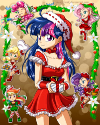 Size: 1181x1466 | Tagged: safe, artist:nancysauria, derpibooru import, applejack, fluttershy, pinkie pie, rainbow dash, rarity, twilight sparkle, human, clothes, hat, humanized, mane six, santa costume, santa hat