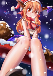 Size: 2480x3507 | Tagged: safe, artist:dyoung, derpibooru import, rainbow dash, pegasus, pony, blushing, christmas, crossover, ibuki suika, legs, pixiv, snow, snowfall, touhou