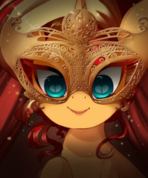 Size: 500x600 | Tagged: safe, artist:loyaldis, sunset shimmer, pony, unicorn, alternate hairstyle, bust, crying inside, female, heart, heart eyes, heartbreak, looking at you, mare, mask, masked shimmer, portrait, raised hoof, sad, smiling, solo, wingding eyes