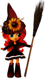 Size: 405x692 | Tagged: safe, artist:whatthehell!?, edit, sunset shimmer, equestria girls, boots, broom, clothes, doll, equestria girls minis, flower, halloween, hat, holiday, irl, photo, shoes, skirt, toy, witch