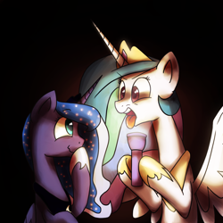 Size: 1200x1200 | Tagged: safe, artist:anticular, princess celestia, princess luna, alicorn, pony, ask sunshine and moonbeams, duo, duo female, faic, female, flashlight (object), laughing, mare, open mouth, peytral, tongue out, wavy mouth