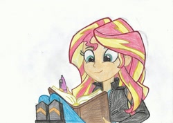 Size: 2336x1660 | Tagged: safe, artist:cybertronianbrony, sunset shimmer, equestria girls, friendship games, clothes, cute, female, jacket, journal, leather jacket, pants, pen, scene interpretation, shimmerbetes, simple background, sitting, smiling, solo, traditional art, white background