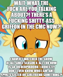 Size: 498x603 | Tagged: safe, derpibooru import, edit, edited screencap, editor:useraccount, screencap, rainbow dash, smolder, dragon, pegasus, pony, non-compete clause, background pony strikes again, confused, cropped, gabbuse, image macro, meme, op is a cuck, op is a slowpoke, op is trying to start shit, op is trying too hard, slowpoke, solo focus, vulgar