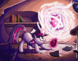 Size: 1431x1124 | Tagged: safe, artist:raunchyopposition, derpibooru import, twilight sparkle, book, golden oaks library, magic, solo