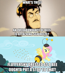 Size: 1920x2160 | Tagged: safe, edit, edited screencap, screencap, fluttershy, seabreeze, bee, human, pegasus, pony, it ain't easy being breezies, animal costume, bee costume, butt shake, clothes, costume, dr bees, female, flutterbee, harry partridge, mare, plot, remake, what's this?