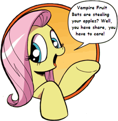 Size: 421x431 | Tagged: safe, fluttershy, pegasus, pony, vampire fruit bat, bats!, bad advice fluttershy, blue eyes, dialogue, exploitable meme, female, mare, meme, op is trying to start shit, open mouth, pink mane, raised hoof, raised leg, simple background, smiling, solo, speech bubble, talking to viewer, underhoof, yellow coat