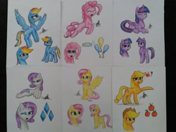 Size: 4128x3096 | Tagged: safe, artist:ironbeastz, derpibooru import, applejack, fluttershy, pinkie pie, rainbow dash, rarity, twilight sparkle, twilight sparkle (alicorn), alicorn, earth pony, pegasus, pony, unicorn, hatless, mane six, missing accessory, prone, traditional art