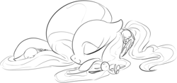 Size: 625x293 | Tagged: safe, artist:dotkwa, fluttershy, pegasus, pony, rabbit, monochrome, sketch, sleeping