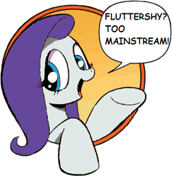 Size: 421x431 | Tagged: safe, fluttershy, rarity, pony, unicorn, bad advice fluttershy, bad advice rarity, comic sans, exploitable meme, meme, parody, recolor, solo