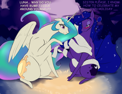 Size: 910x700 | Tagged: safe, artist:nivrozs, princess celestia, princess luna, alicorn, pony, bedroom eyes, blushing, confused, dialogue, drunk, drunk luna, female, floppy ears, frown, halloween, mare, missing accessory, moonbutt, mummy, nightmare night, open mouth, pointing, raised hoof, sitting, spread wings, sunbutt, toilet paper