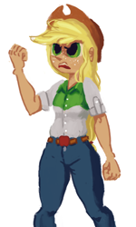 Size: 1150x1920 | Tagged: safe, artist:sterfler, applejack, equestria girls, angry, clothes, human coloration, humanized, jeans, redesign, simple background, solo