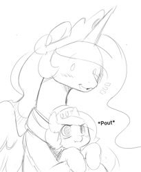 Size: 495x604 | Tagged: safe, artist:ende26, princess celestia, princess luna, alicorn, pony, cute, cutelestia, eyes closed, filly, heart, hug, lunabetes, monochrome, sketch, tumblr, woona, woona knight