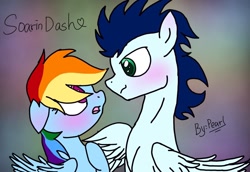 Size: 1077x742 | Tagged: safe, artist:pearldash, derpibooru import, rainbow dash, soarin', pegasus, pony, blushing, female, male, shipping, soarindash, straight