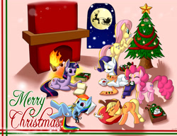 Size: 4000x3071 | Tagged: safe, artist:daimo, derpibooru import, applejack, fluttershy, pinkie pie, rainbow dash, rarity, twilight sparkle, twilight sparkle (alicorn), alicorn, earth pony, pegasus, pony, unicorn, christmas, female, mane six, mare, pixiv