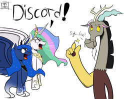 Size: 1337x1059 | Tagged: safe, artist:thethunderpony, edit, discord, princess celestia, princess luna, ghost, ghost pony, angry, celestia is not amused, discord being discord, luna is not amused, simple background, unamused, yelling