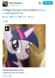 Size: 479x676 | Tagged: safe, derpibooru import, twilight sparkle, tara strong, twitter, vine video