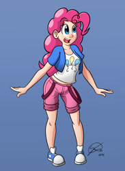 Size: 1350x1849 | Tagged: safe, artist:saymanhd, pinkie pie, human, clothes, converse, humanized, midriff, shoes, shorts, solo, suspenders