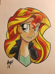 Size: 900x1200 | Tagged: safe, artist:tonyfleecs, sunset shimmer, equestria girls, bust, clothes, jacket, leather jacket, solo, traditional art