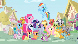Size: 1280x720 | Tagged: safe, edit, apple bloom, applejack, big macintosh, carrot cake, cup cake, derpy hooves, fluttershy, granny smith, mayor mare, pinkie pie, rainbow dash, rarity, scootaloo, snails, snips, spike, sweetie belle, zecora, dragon, earth pony, pegasus, pony, unicorn, zebra, scare master, alicorn costume, clothes, costume, fake horn, fake wings, group shot, implied twilight sparkle, intro, male, nightmare night costume, opening, opening credits, stallion, toilet paper roll, toilet paper roll horn, twilight muffins, wig