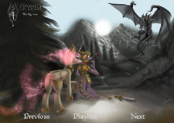 Size: 1754x1240 | Tagged: safe, artist:trojan-pony, princess celestia, alicorn, dragon, pony, alduin, female, male, older, princess molestia, shipping, skyrim, spyro the dragon, straight, the elder scrolls