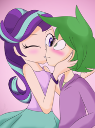 Size: 900x1214 | Tagged: safe, artist:emositecc, edit, spike, starlight glimmer, human, blushing, humanized, kissing, male, shipping, smiling, sparlight, straight