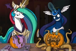 Size: 2700x1800 | Tagged: safe, artist:dracojayproduct, princess celestia, princess luna, twilight sparkle, alicorn, pony, halloween, jack-o-lantern, nightmare night, pumpkin, recursion