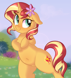 Size: 962x1058 | Tagged: safe, artist:toroitimu, sunset shimmer, pony, unicorn, belly, belly button, bipedal, chest fluff, cute, female, floppy ears, flower, flower in hair, looking at you, mare, shimmerbetes, smiling, solo, weapons-grade cute